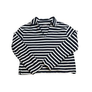 Boden Navy and White Striped V Neck Collared Long Sleeve Tee Size S 100% Cotton